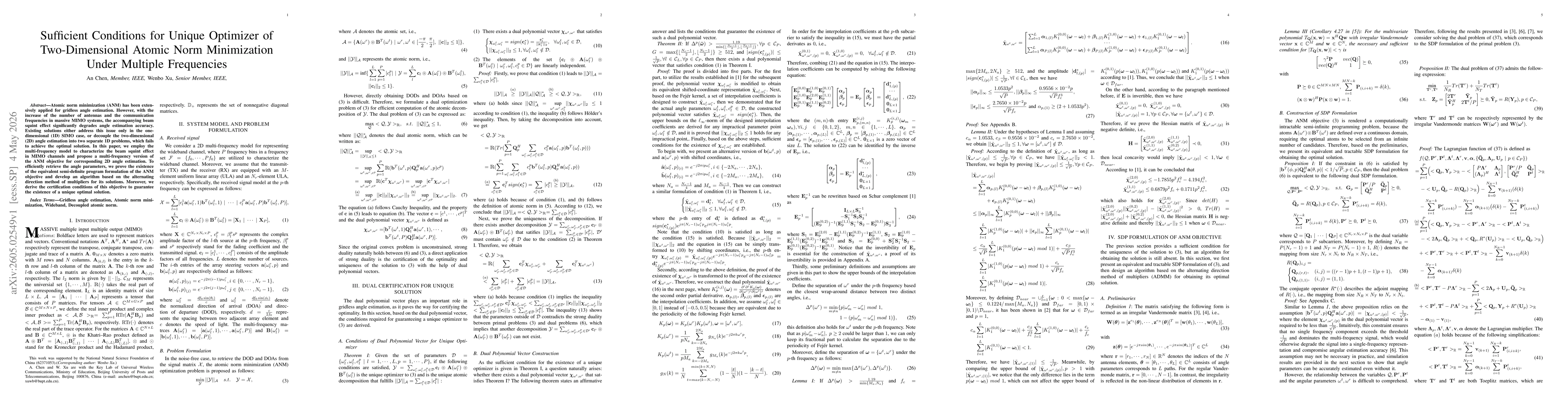 Thumbnail for Sufficient Conditions for Unique Optimizer of Two-Dimensional Atomic Norm Minimization Under Multiple Frequencies