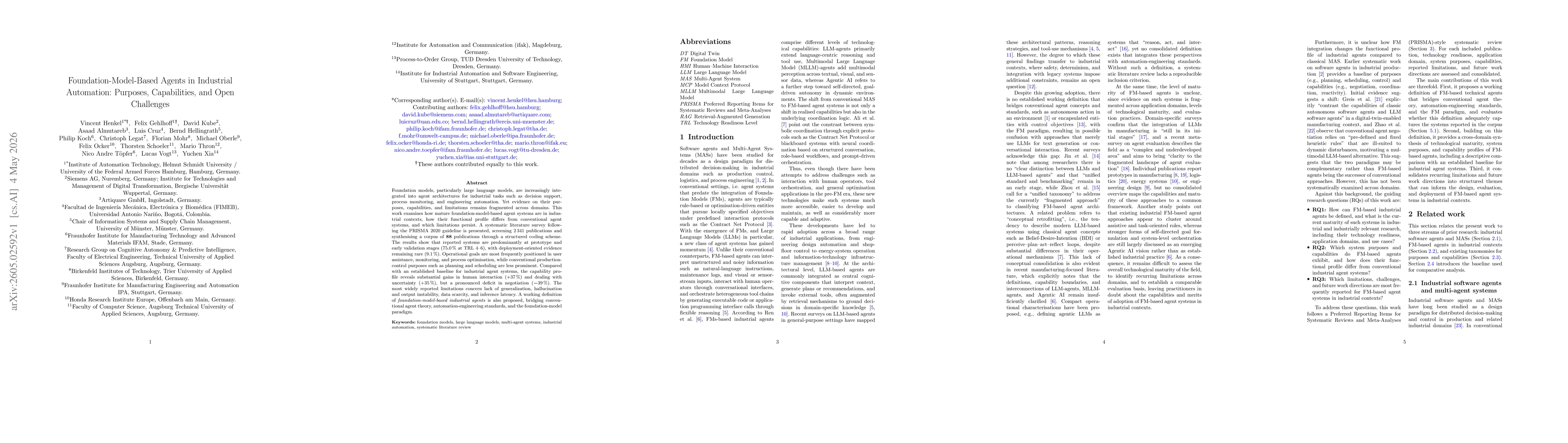 Thumbnail for Foundation-Model-Based Agents in Industrial Automation: Purposes, Capabilities, and Open Challenges