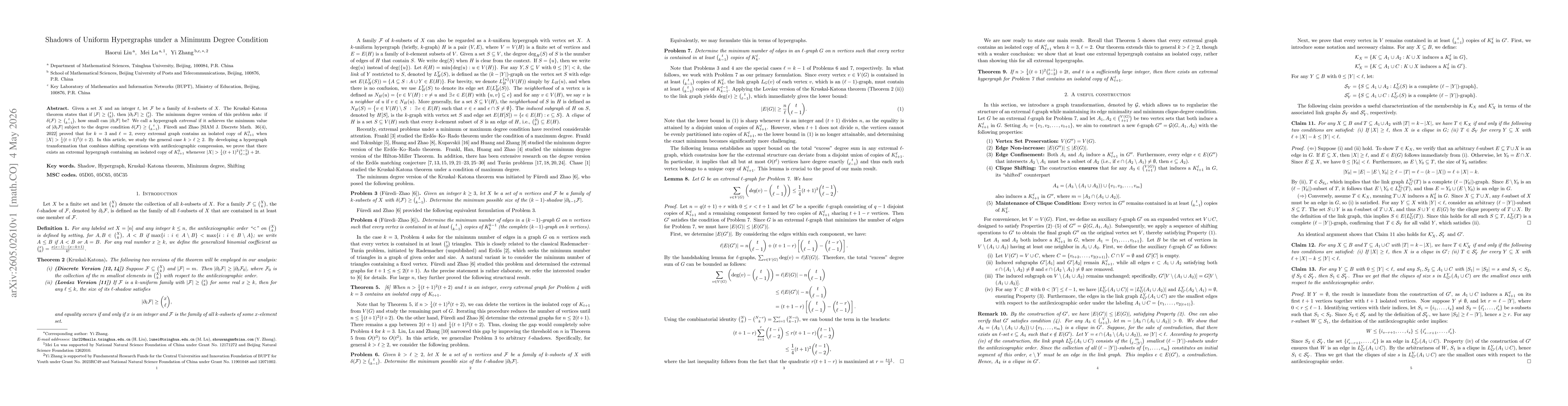 Thumbnail for Shadows of Uniform Hypergraphs under a Minimum Degree Condition