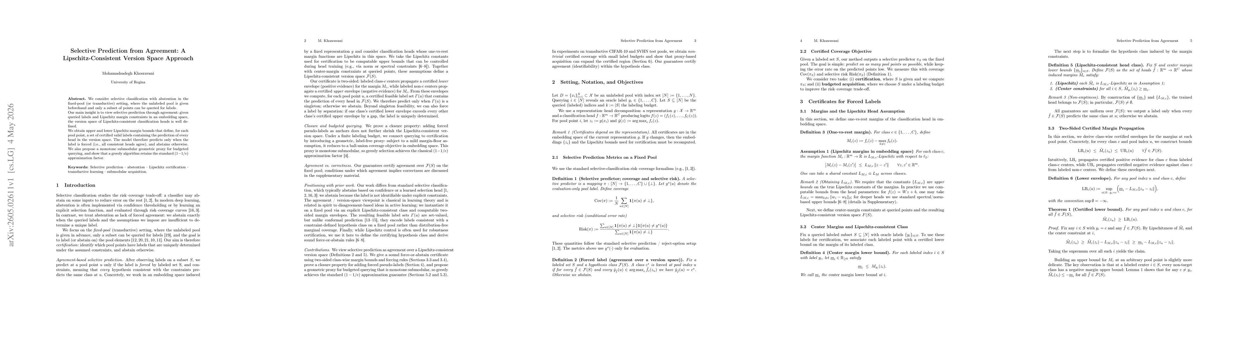 Thumbnail for Selective Prediction from Agreement: A Lipschitz-Consistent Version Space Approach