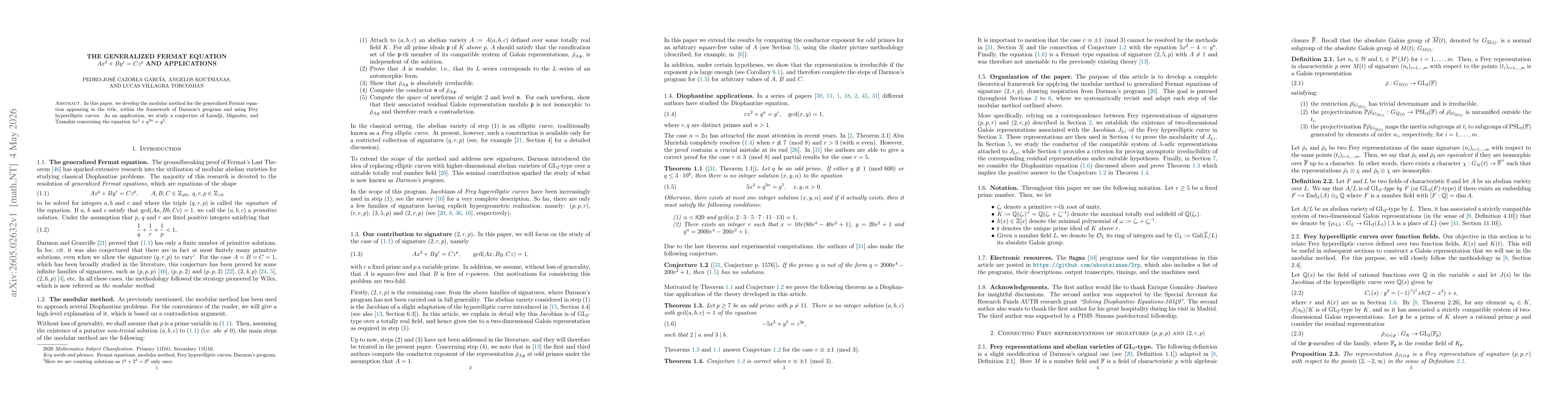 Thumbnail for The generalized Fermat equation $Ax^2 + By^r = Cz^p$ and applications