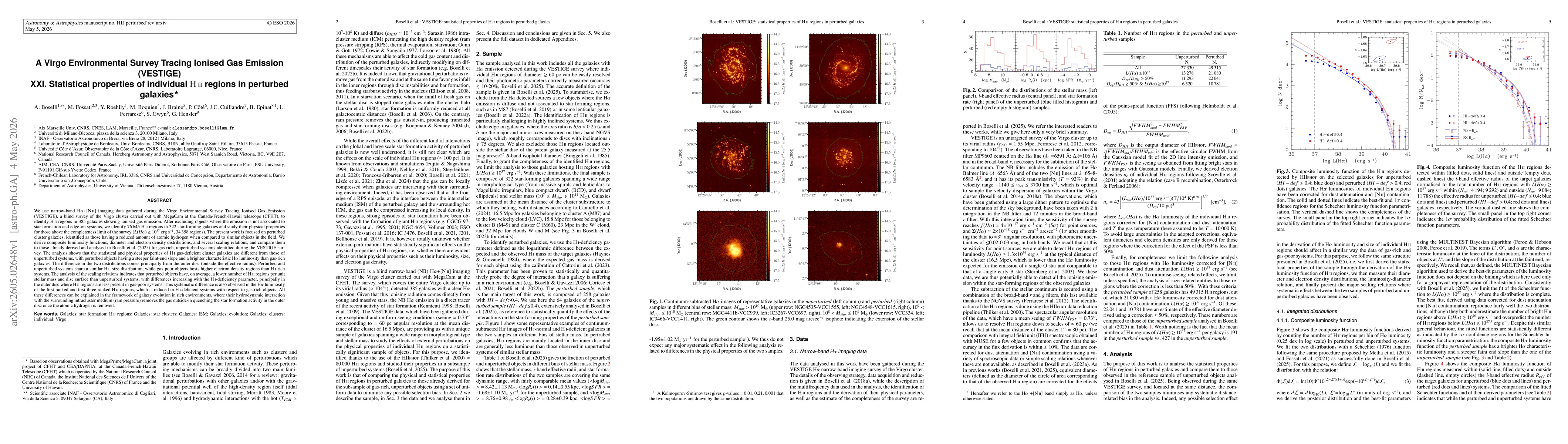 Thumbnail for A Virgo Environmental Survey Tracing Ionised Gas Emission (VESTIGE). XXI. Statistical properties of individual HII regions in perturbed galaxies