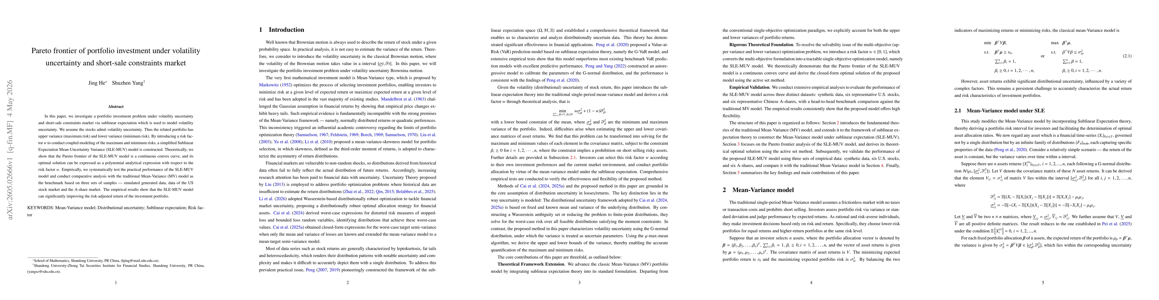Thumbnail for Pareto frontier of portfolio investment under volatility uncertainty and short-sale constraints market