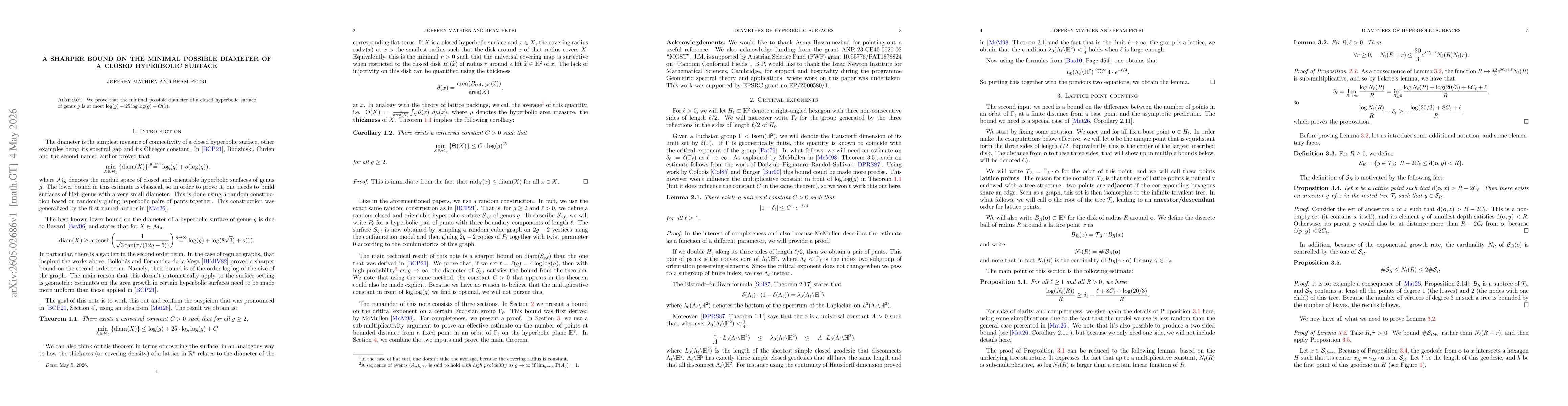 Thumbnail for A sharper bound on the minimal possible diameter of a closed hyperbolic surface