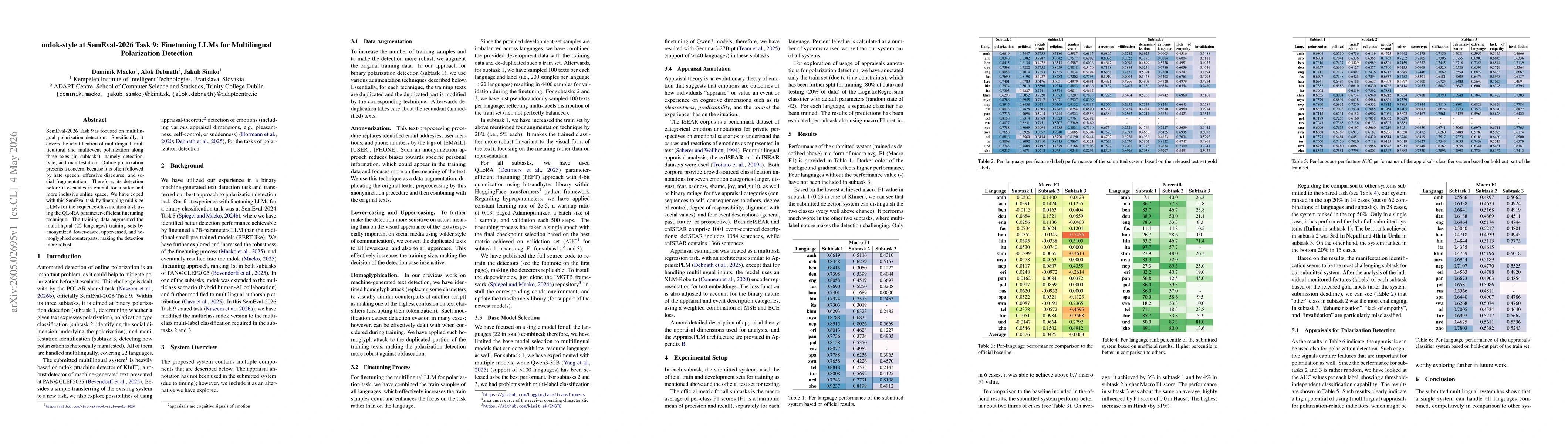 Thumbnail for mdok-style at SemEval-2026 Task 9: Finetuning LLMs for Multilingual Polarization Detection