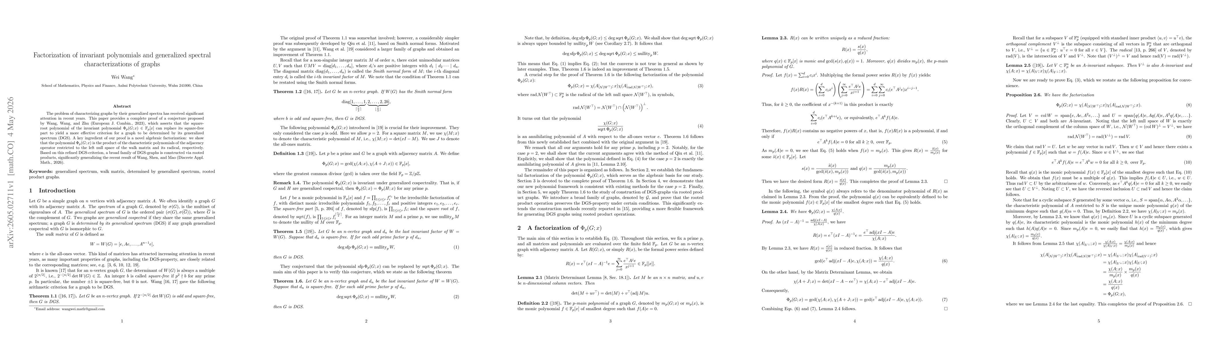 Thumbnail for Factorization of invariant polynomials and generalized spectral characterizations of graphs