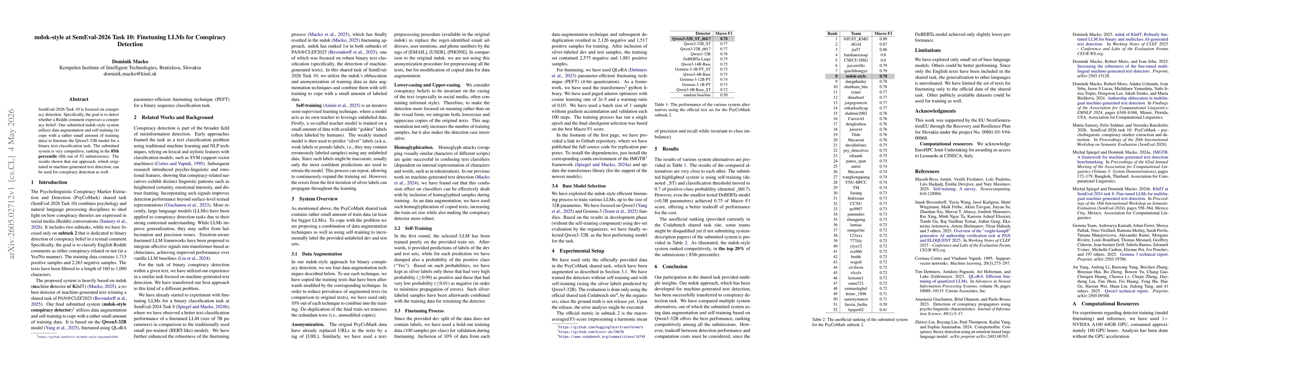 Thumbnail for mdok-style at SemEval-2026 Task 10: Finetuning LLMs for Conspiracy Detection