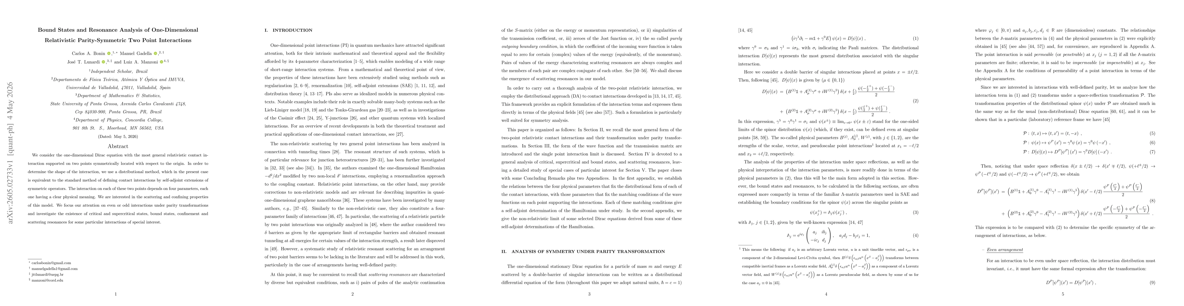 Thumbnail for Bound States and Resonance Analysis of One-Dimensional Relativistic Parity-Symmetric Two Point Interactions