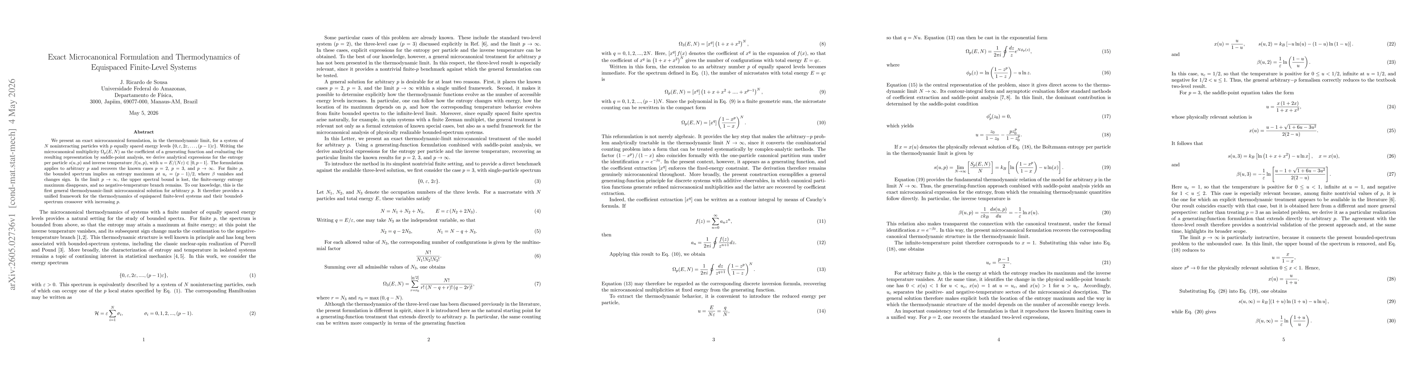 Thumbnail for Exact Microcanonical Formulation and Thermodynamics of Equispaced Finite-Level Systems