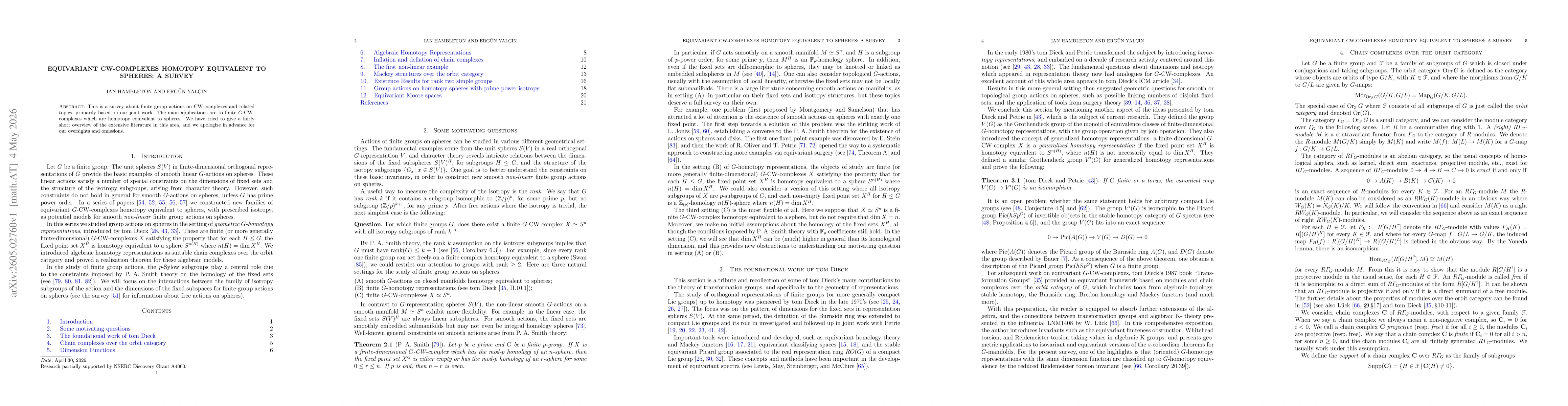 Thumbnail for Equivariant CW-complexes homotopy equivalent to spheres: a survey