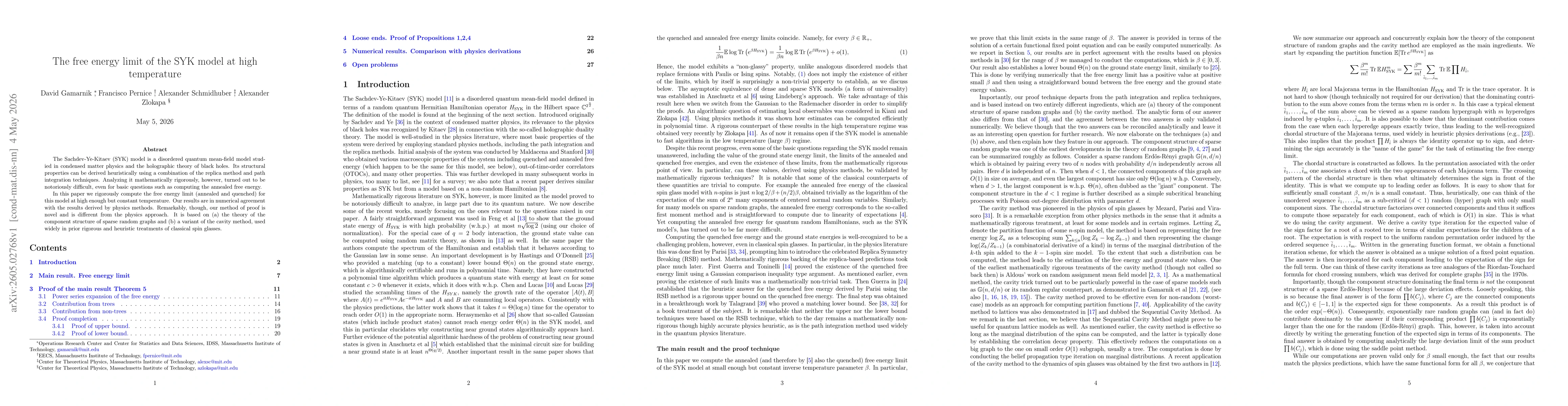 Thumbnail for The free energy limit of the SYK model at high temperature