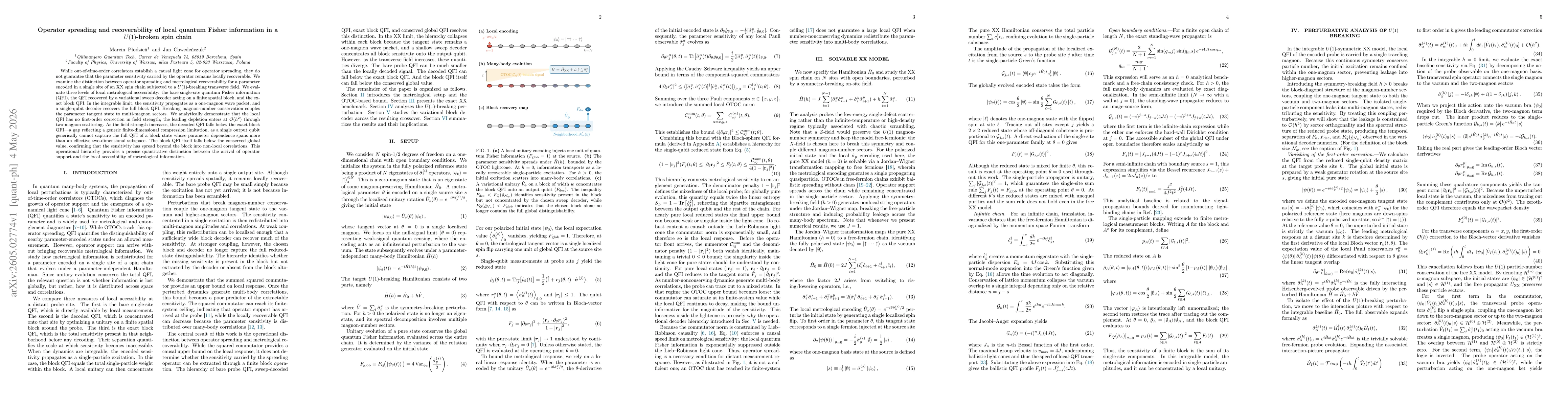Thumbnail for Operator spreading and recoverability of local quantum Fisher information in a $U(1)$-broken spin chain