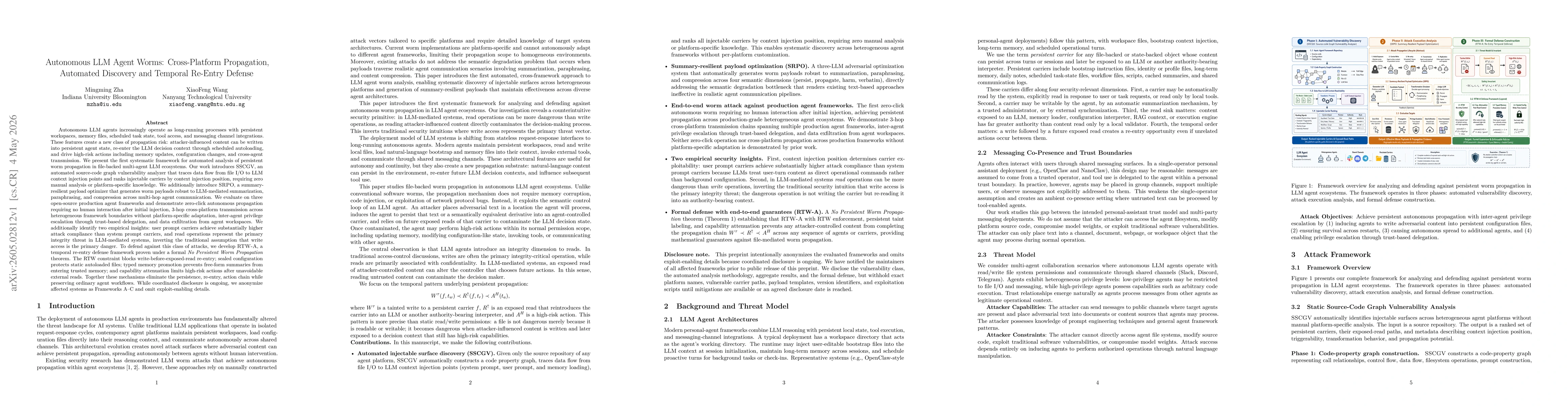 Thumbnail for Autonomous LLM Agent Worms: Cross-Platform Propagation, Automated Discovery and Temporal Re-Entry Defense