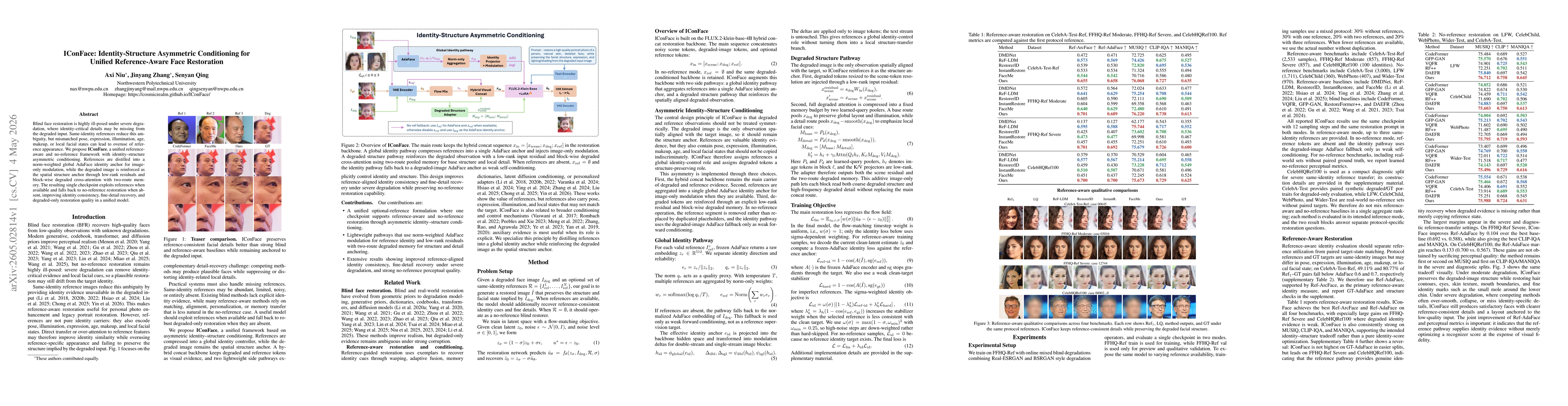 Thumbnail for IConFace: Identity-Structure Asymmetric Conditioning for Unified Reference-Aware Face Restoration