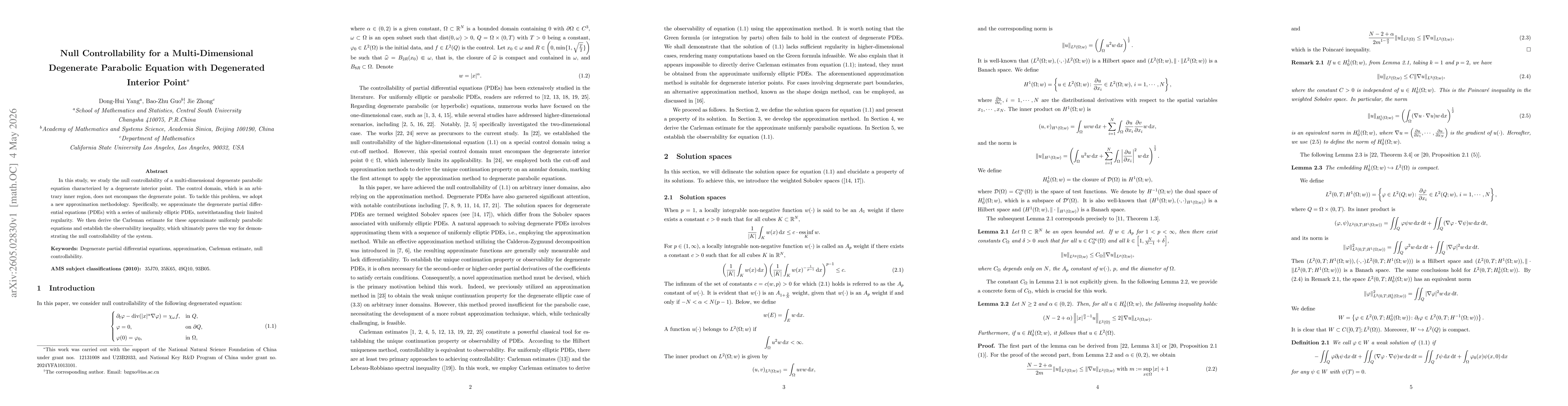 Thumbnail for Null Controllability for a Multi-Dimensional Degenerate Parabolic Equation with Degenerated Interior Point