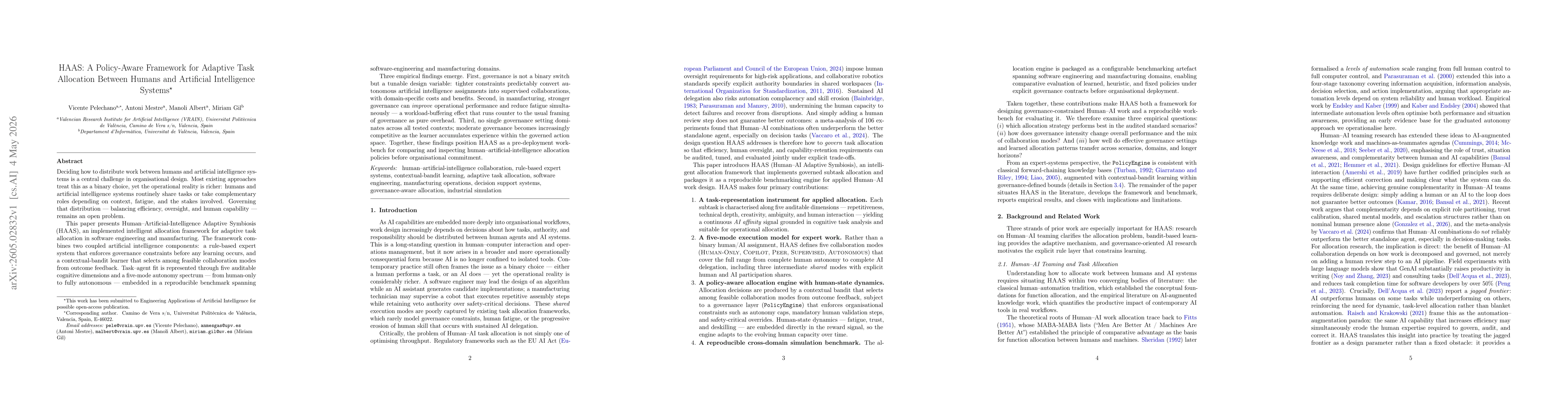 Thumbnail for HAAS: A Policy-Aware Framework for Adaptive Task Allocation Between Humans and Artificial Intelligence Systems