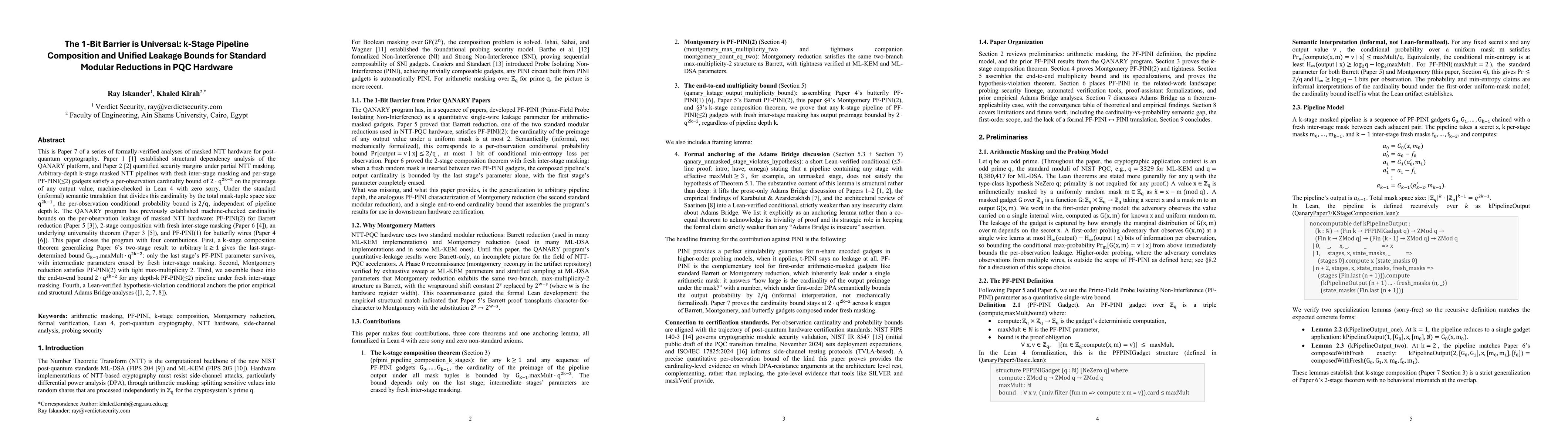 Thumbnail for The 1-Bit Barrier is Universal: k-Stage Pipeline Composition and Unified Leakage Bounds for Standard Modular Reductions in PQC Hardware