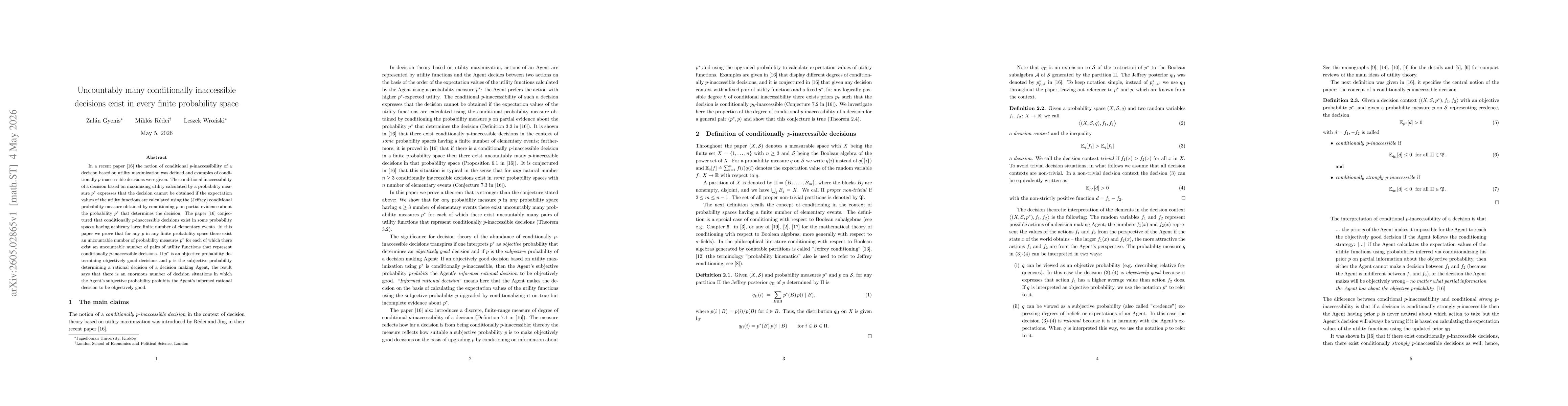 Thumbnail for Uncountably many conditionally inaccessible decisions exist in every finite probability space