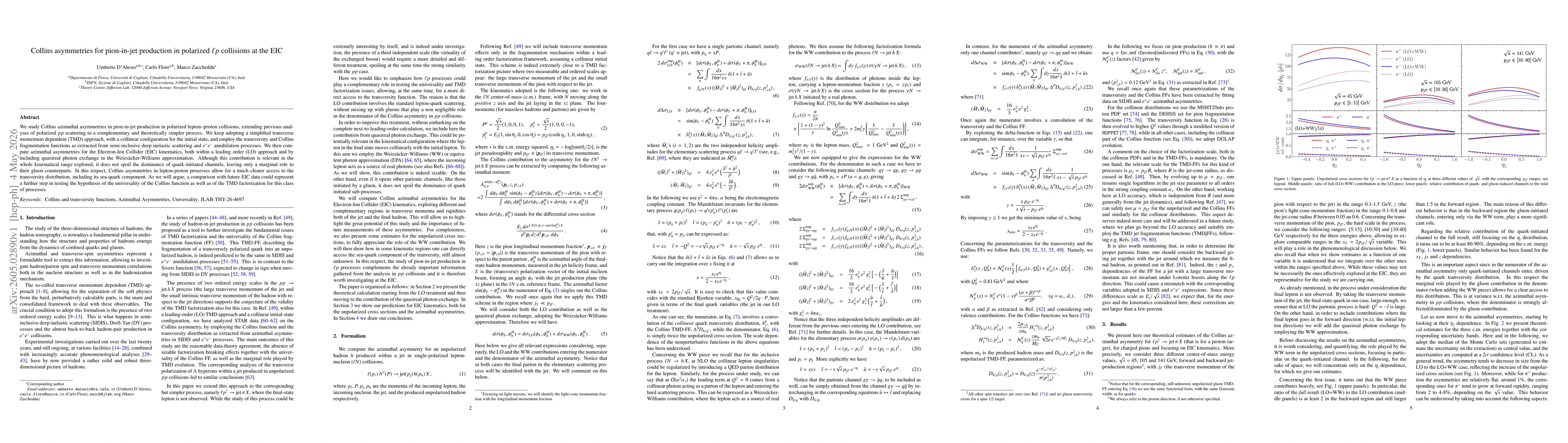 Thumbnail for Collins asymmetries for pion-in-jet production in polarized $\ell p$ collisions at the EIC