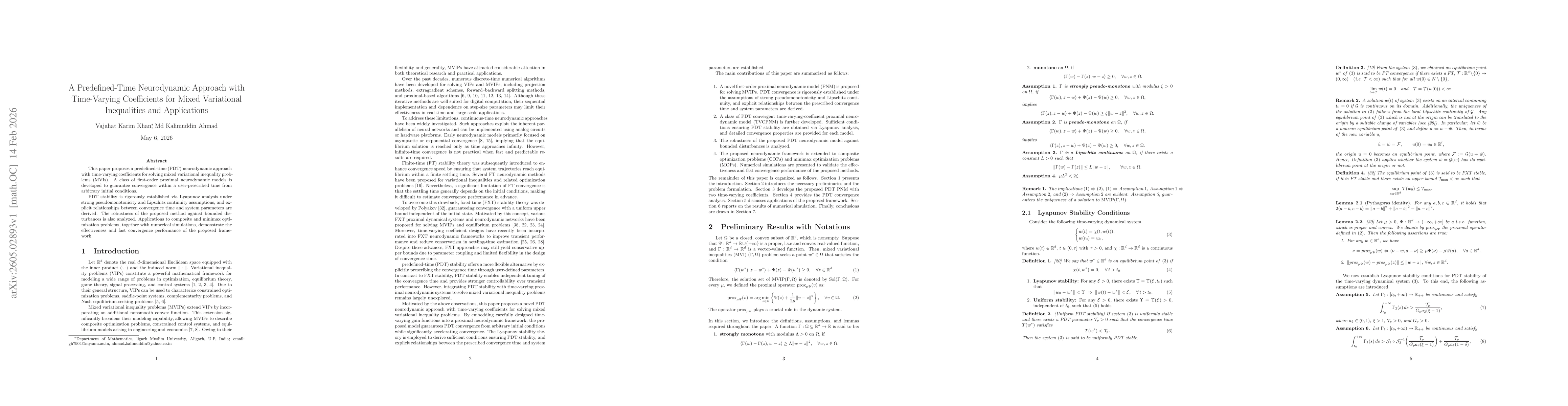 Thumbnail for A Predefined-Time Neurodynamic Approach with Time-Varying Coefficients for Mixed Variational Inequalities and Applications