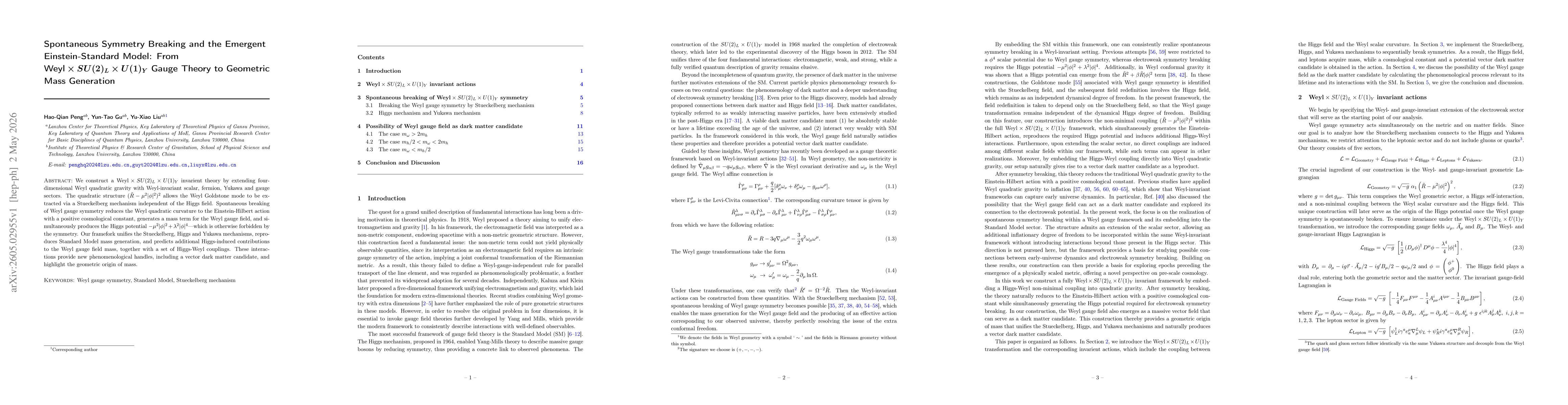 Thumbnail for Spontaneous Symmetry Breaking and the Emergent Einstein-Standard Model: From Weyl x SU (2)L x U (1)Y Gauge Theory to Geometric Mass Generation