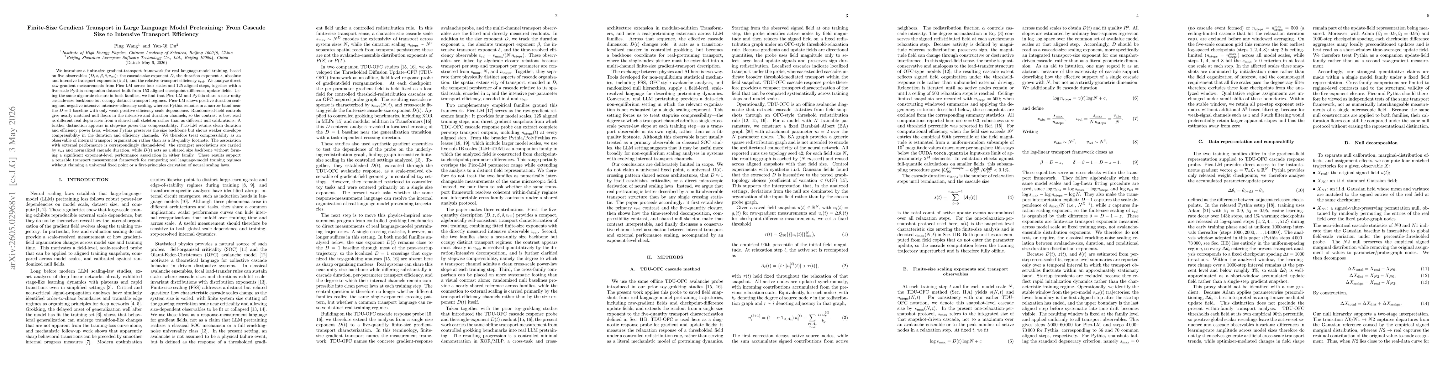 Thumbnail for Finite-Size Gradient Transport in Large Language Model Pretraining: From Cascade Size to Intensive Transport Efficiency