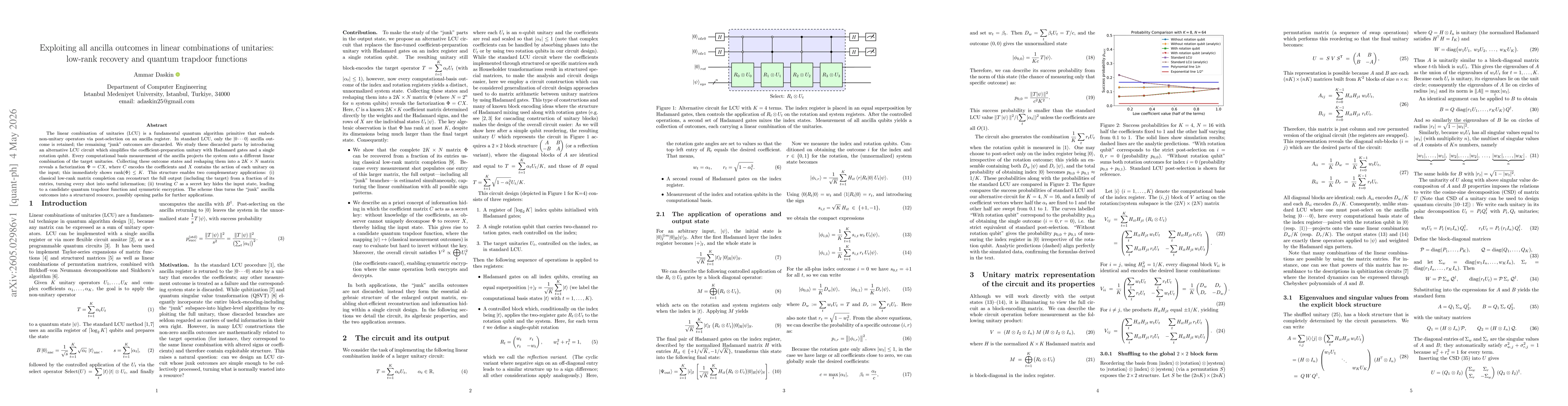 Thumbnail for Exploiting all ancilla outcomes in linear combinations of unitaries: low-rank recovery and quantum trapdoor functions