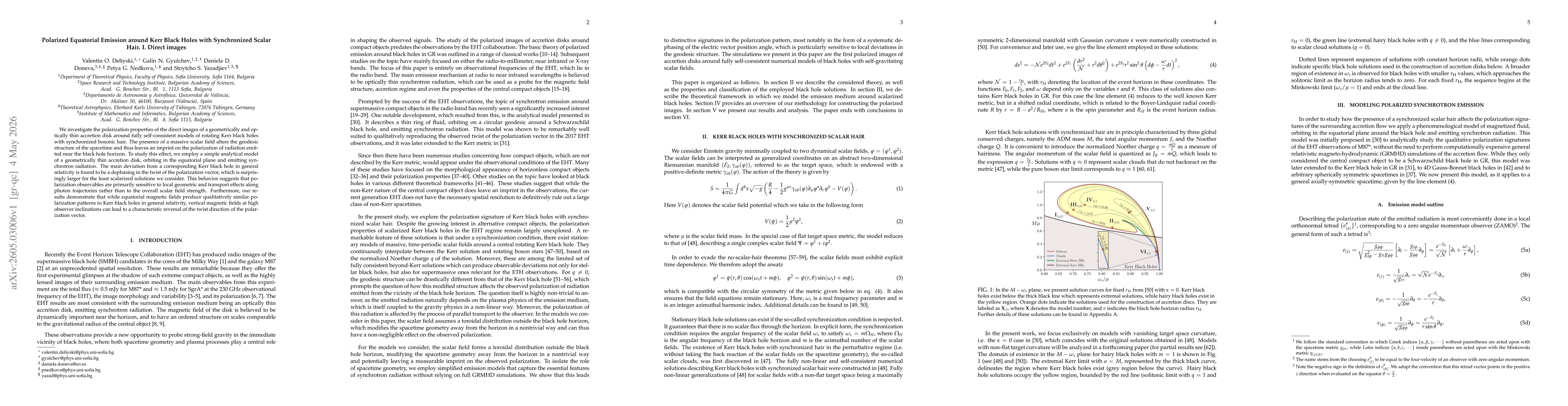 Thumbnail for Polarized Equatorial Emission around Kerr Black Holes with Synchronized Scalar Hair. I. Direct images