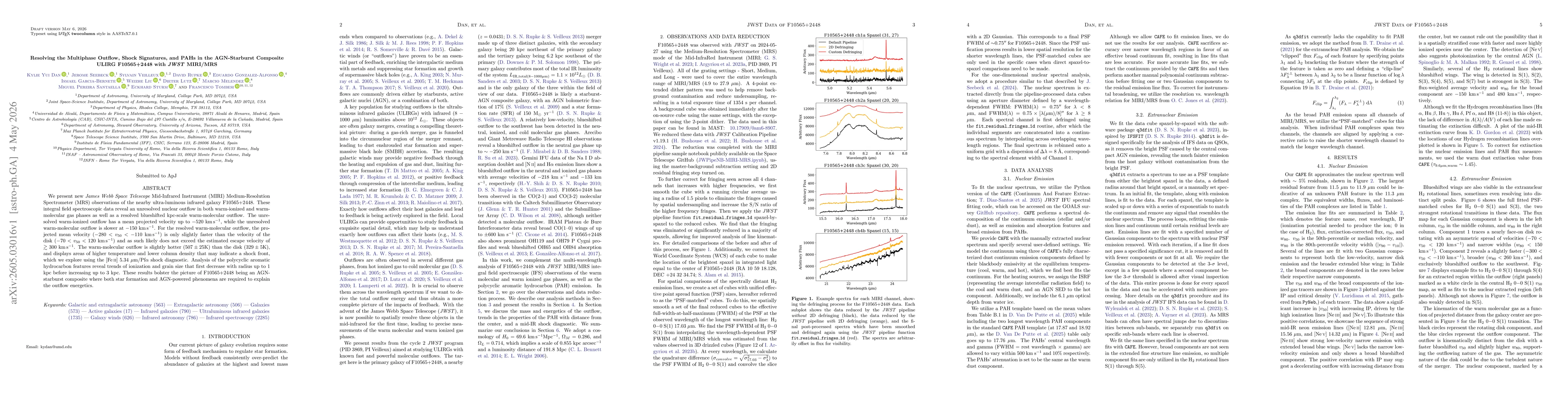Thumbnail for Resolving the Multiphase Outflow, Shock Signatures, and PAHs in the AGN-Starburst Composite ULIRG F10565+2448 with JWST MIRI/MRS