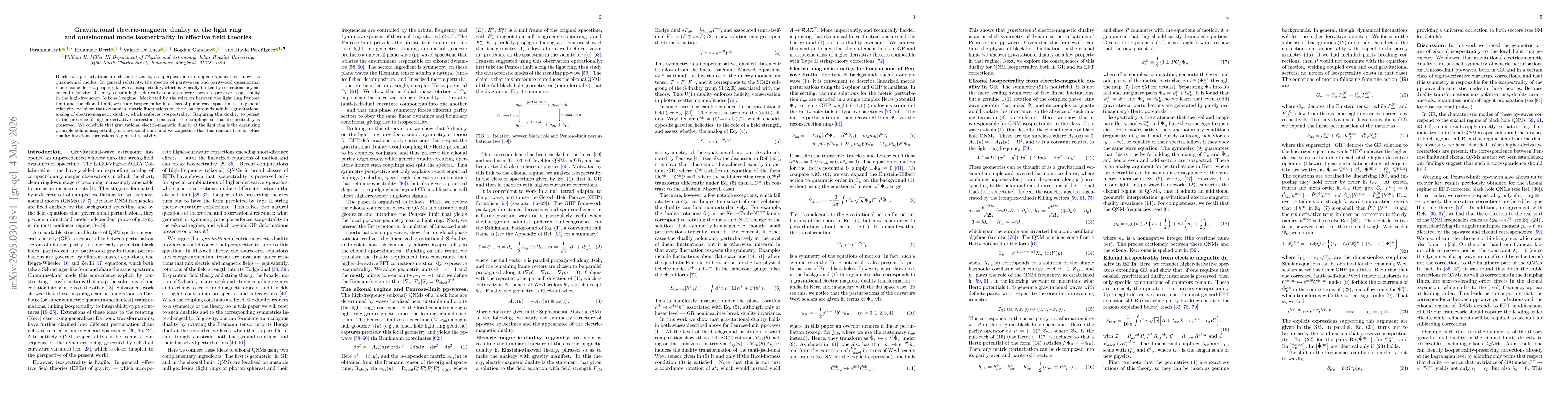 Thumbnail for Gravitational electric-magnetic duality at the light ring and quasinormal mode isospectrality in effective field theories