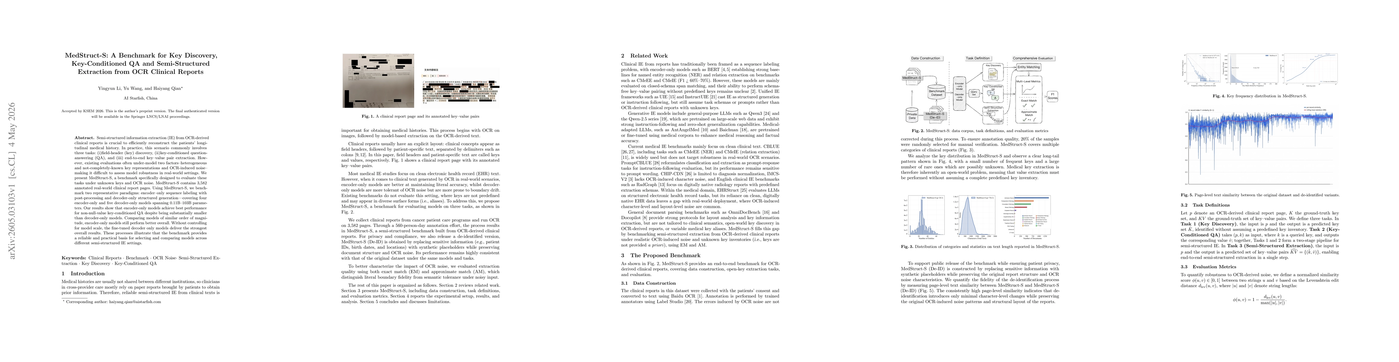 Thumbnail for MedStruct-S: A Benchmark for Key Discovery, Key-Conditioned QA and Semi-Structured Extraction from OCR Clinical Reports