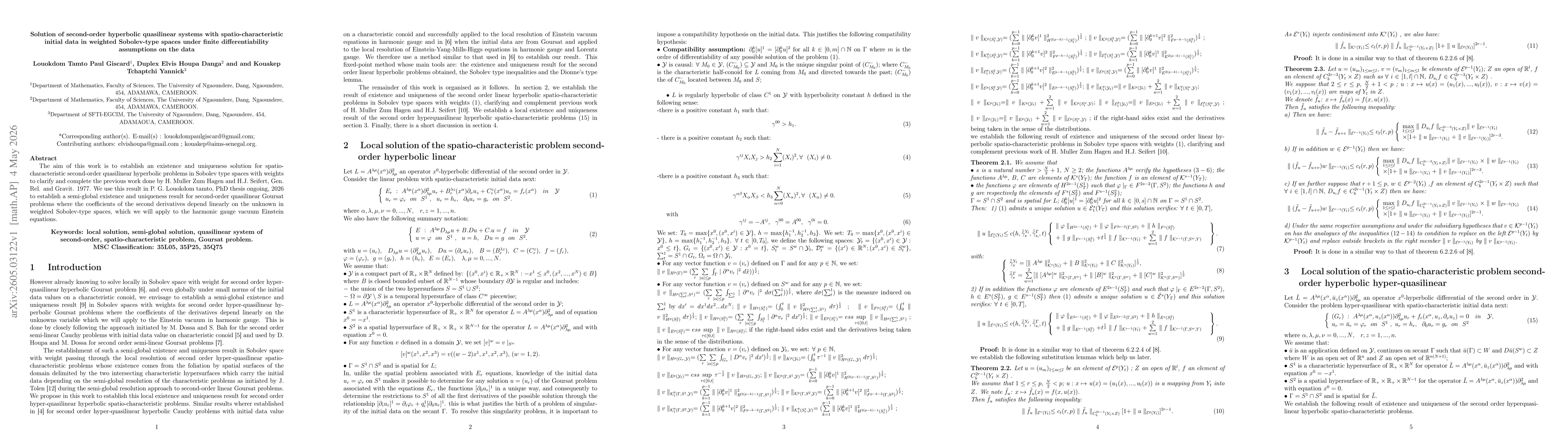 Thumbnail for Solution of second-order hyperbolic quasilinear systems with spatio-characteristic initial data in weighted Sobolev-type spaces under finite differentiability assumptions on the data