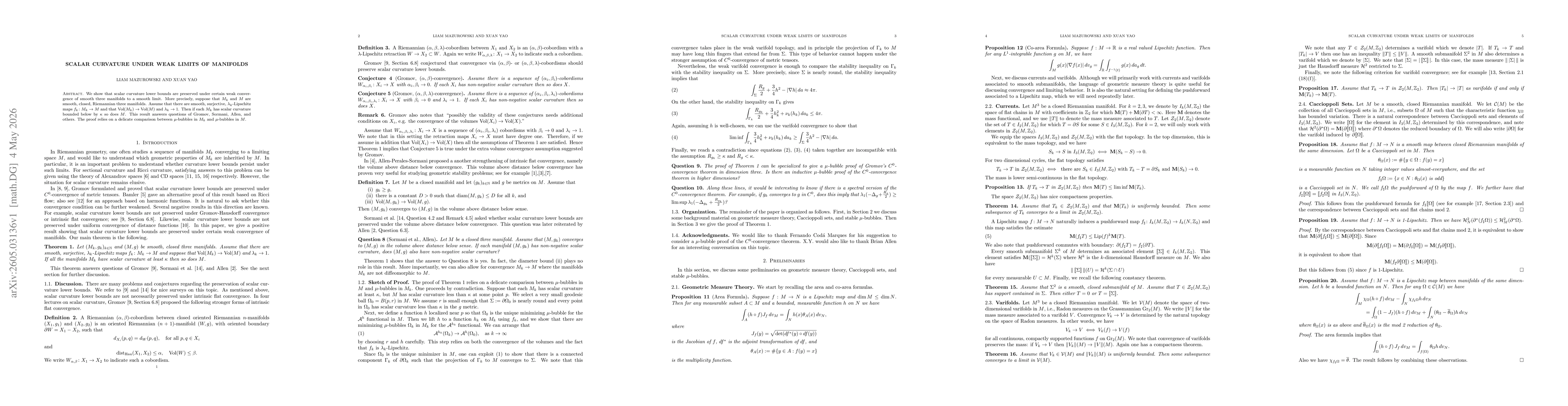 Thumbnail for Scalar curvature under weak limits of manifolds