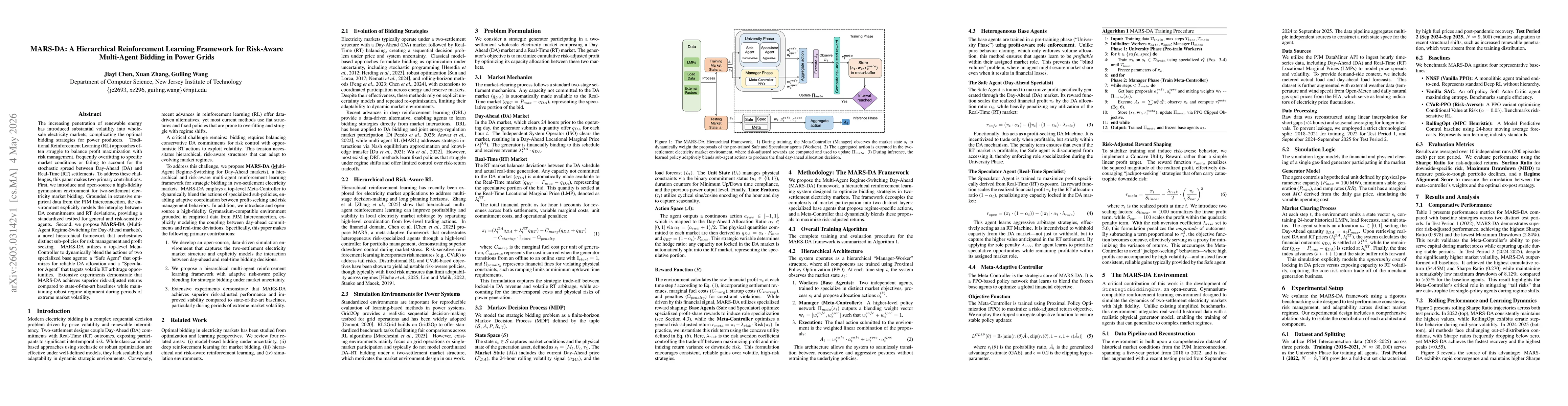 Thumbnail for MARS-DA: A Hierarchical Reinforcement Learning Framework for Risk-Aware Multi-Agent Bidding in Power Grids