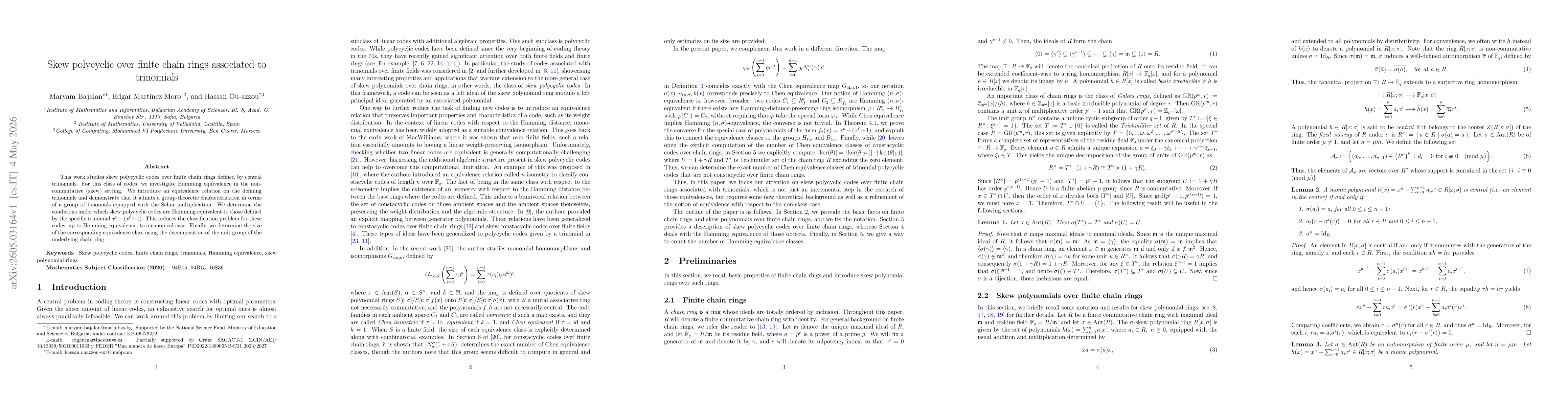 Thumbnail for Skew polycyclic over finite chain rings associated to trinomials