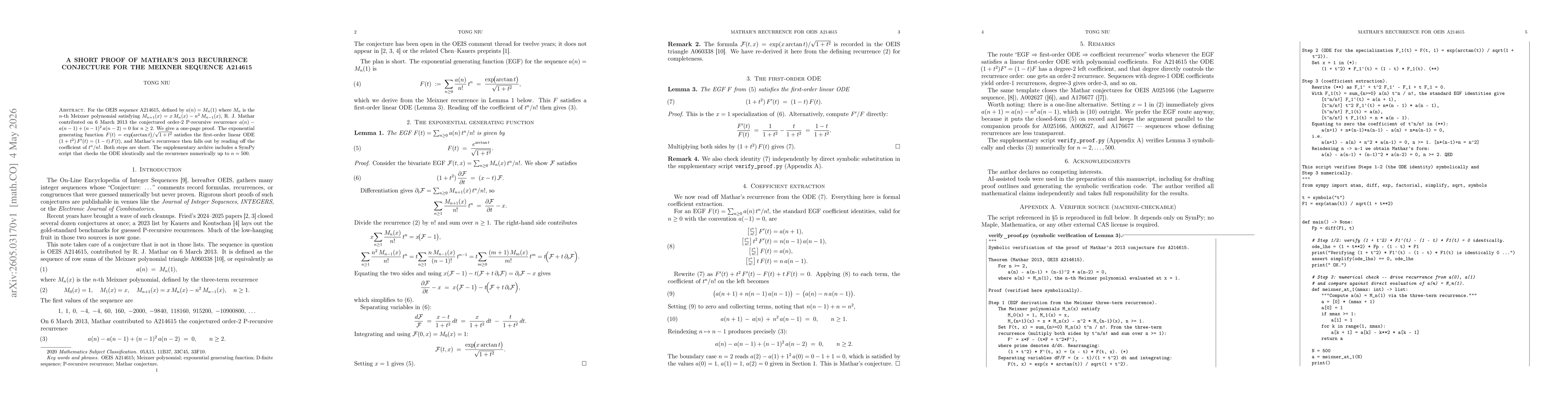 Thumbnail for A short proof of Mathar's 2013 recurrence conjecture for the Meixner sequence A214615