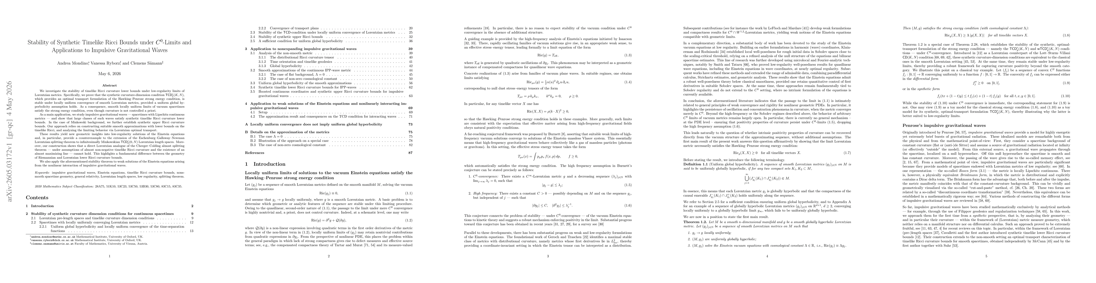 Thumbnail for Stability of Synthetic Timelike Ricci Bounds under $C^0$-Limits and Applications to Impulsive Gravitational Waves