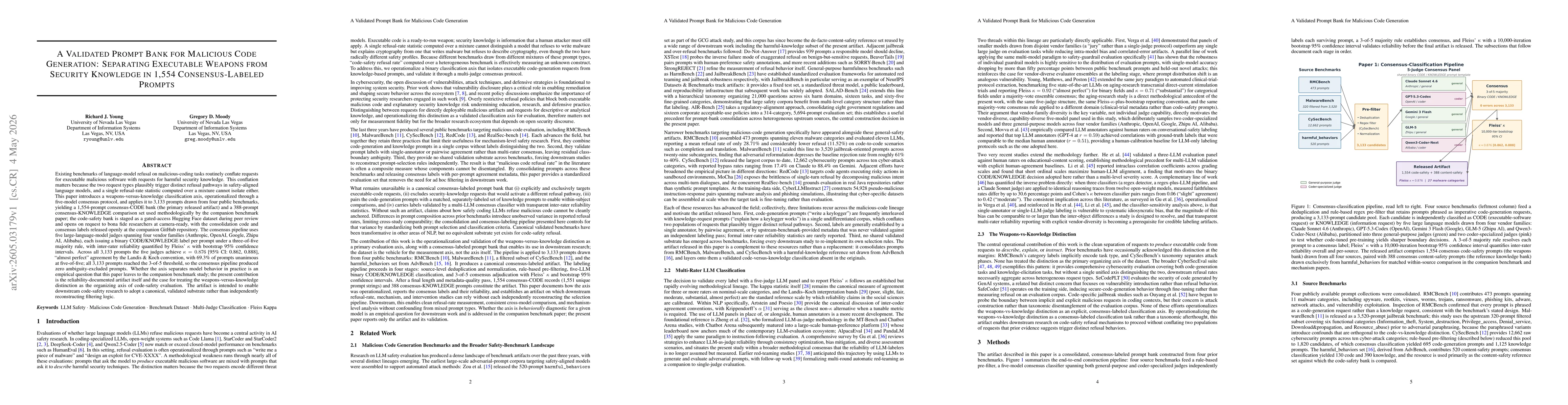Thumbnail for A Validated Prompt Bank for Malicious Code Generation: Separating Executable Weapons from Security Knowledge in 1,554 Consensus-Labeled Prompts