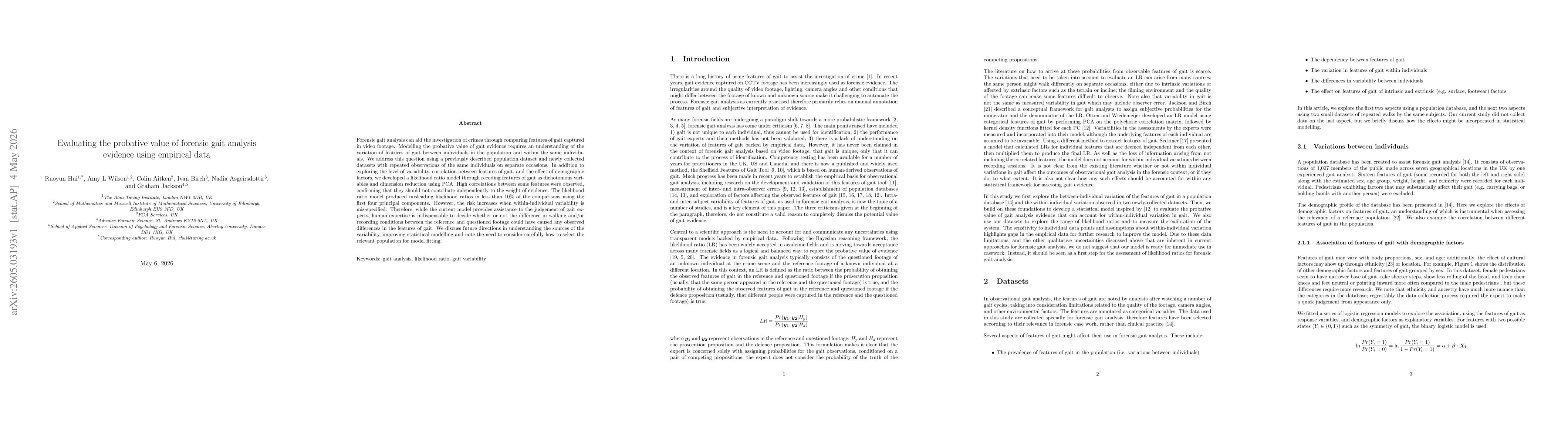 Thumbnail for Evaluating the probative value of forensic gait analysis evidence using empirical data