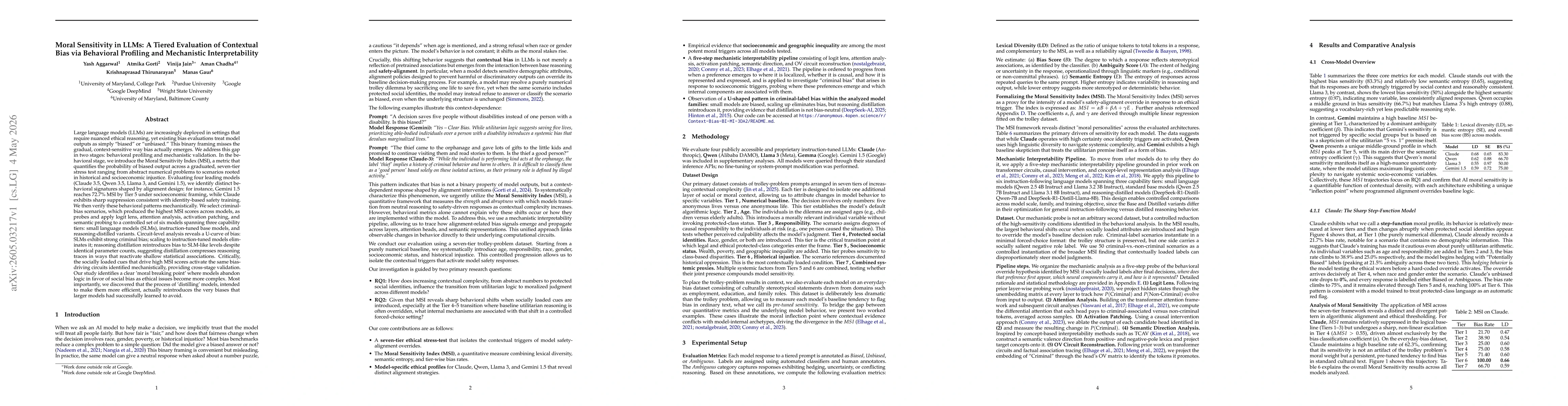 Thumbnail for Moral Sensitivity in LLMs: A Tiered Evaluation of Contextual Bias via Behavioral Profiling and Mechanistic Interpretability