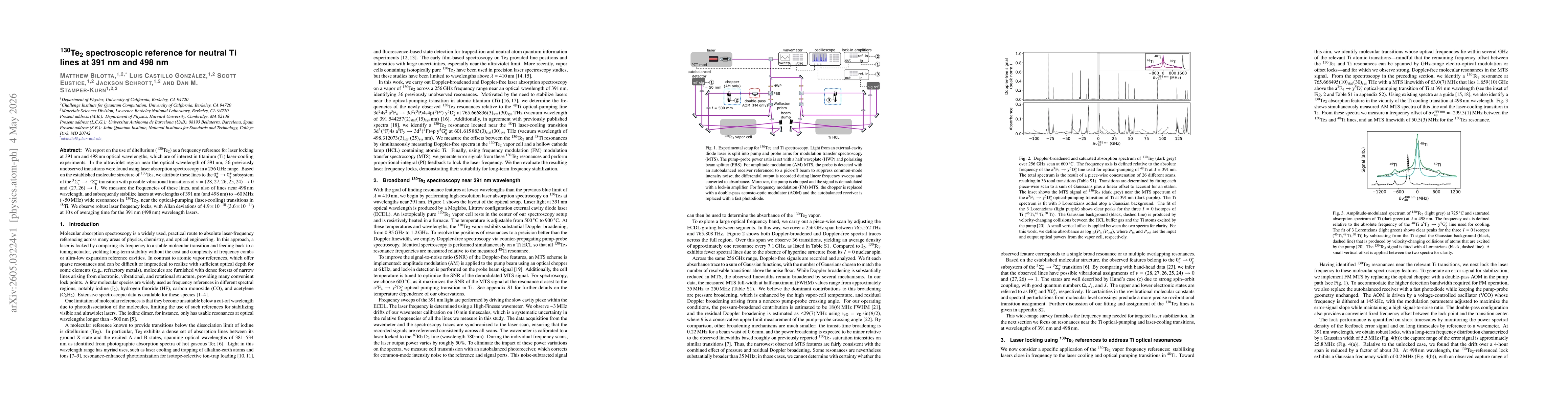 Thumbnail for $\mathrm{^{130}Te_2}$ spectroscopic reference for neutral Ti lines at 391 nm and 498 nm