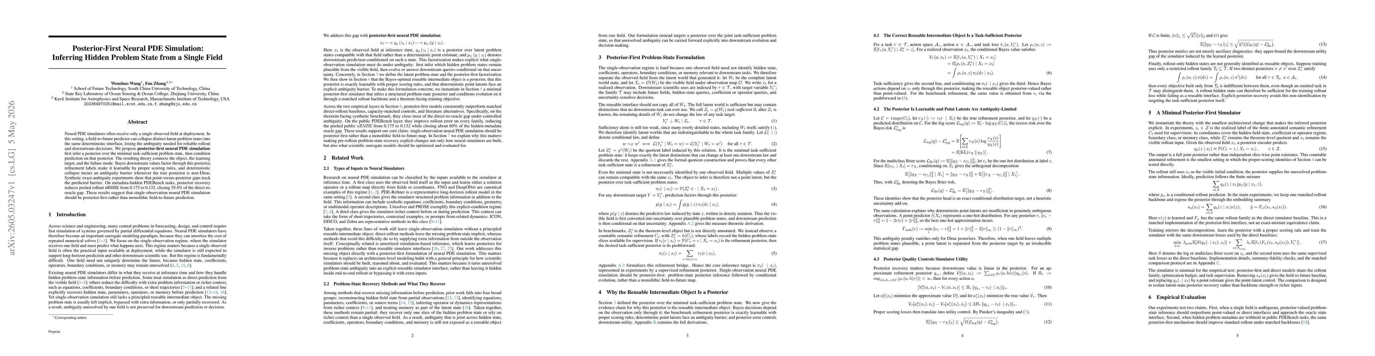 Thumbnail for Posterior-First Neural PDE Simulation: Inferring Hidden Problem State from a Single Field