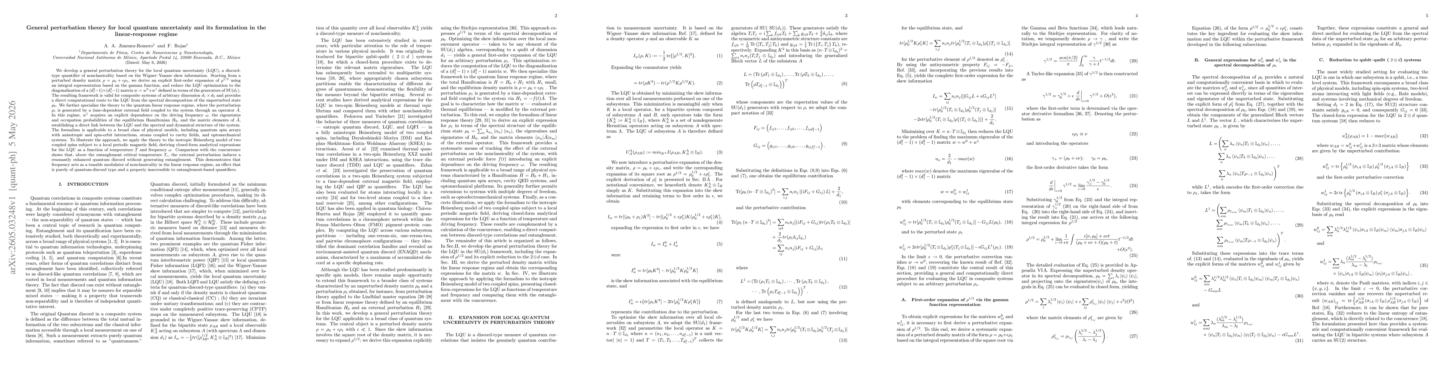Thumbnail for General perturbation theory for local quantum uncertainty and its formulation in the linear-response regime
