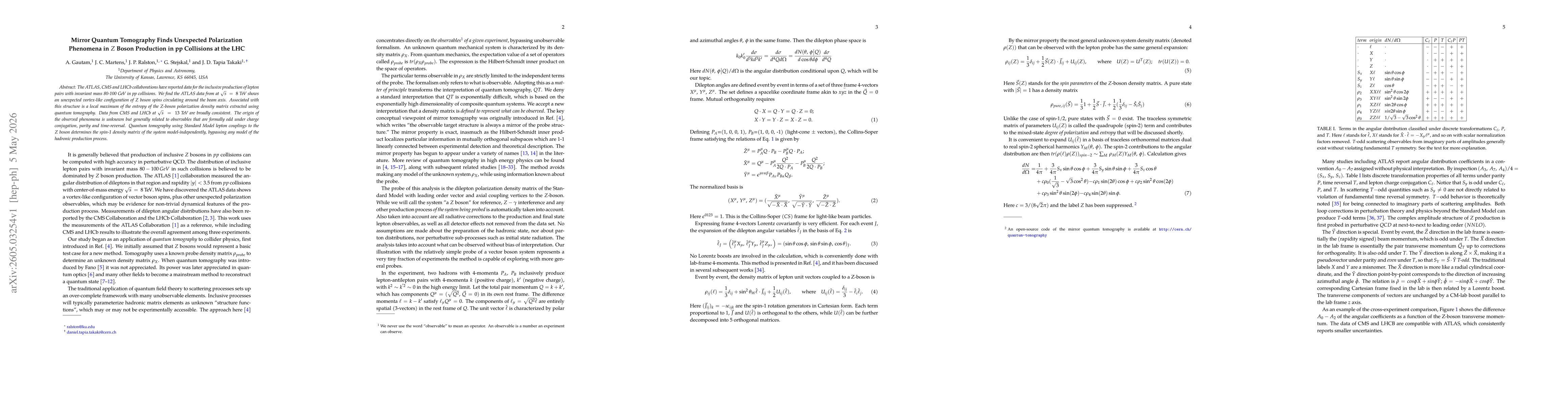 Thumbnail for Mirror Quantum Tomography Finds Unexpected Polarization Phenomena in Z Boson Production in pp Collisions at the LHC