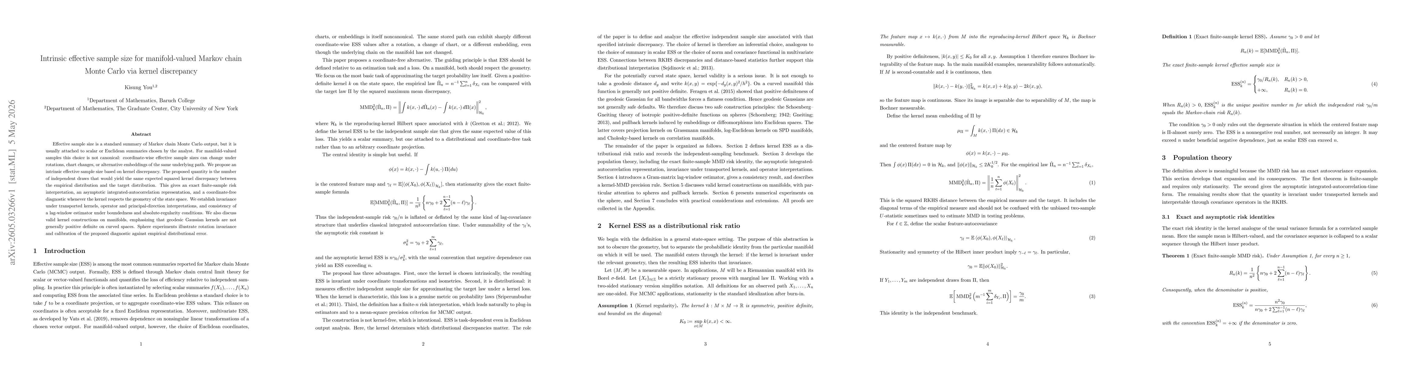 Thumbnail for Intrinsic effective sample size for manifold-valued Markov chain Monte Carlo via kernel discrepancy