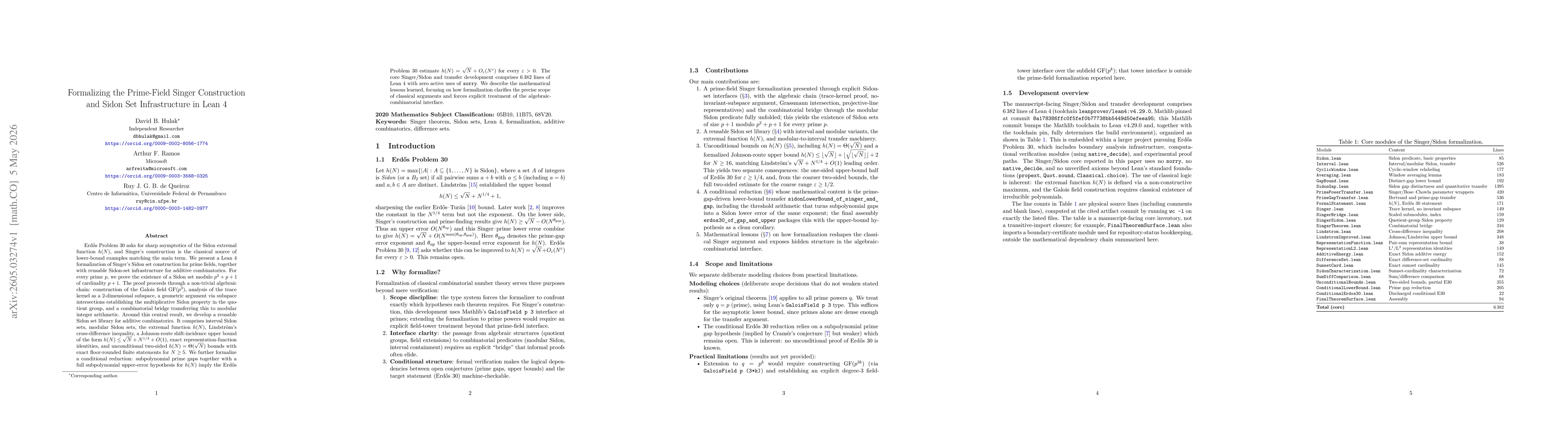 Thumbnail for Formalizing the Prime-Field Singer Construction and Sidon Set Infrastructure in Lean 4