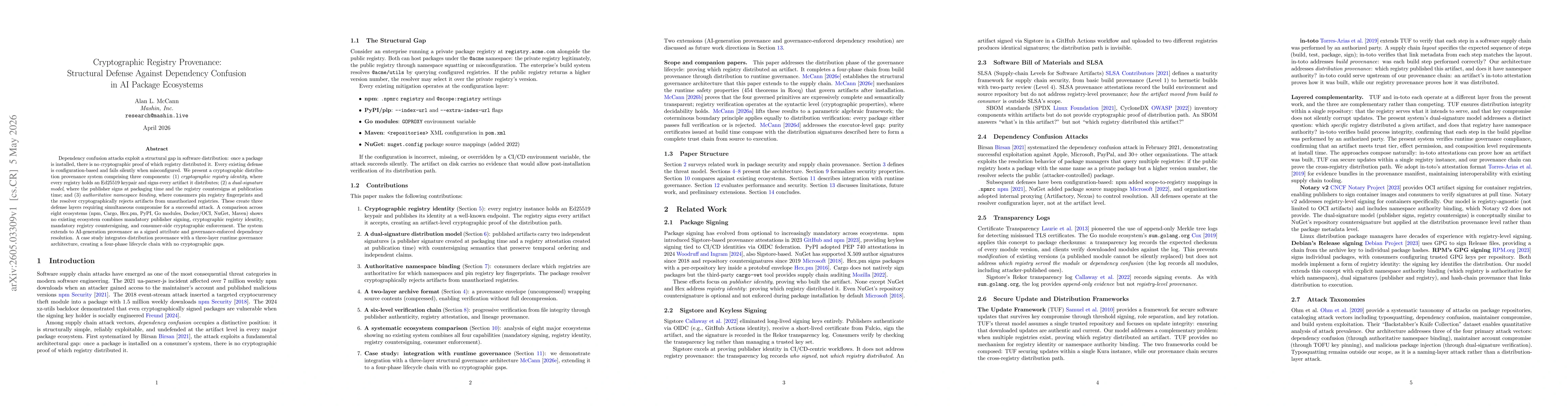 Thumbnail for Cryptographic Registry Provenance: Structural Defense Against Dependency Confusion in AI Package Ecosystems