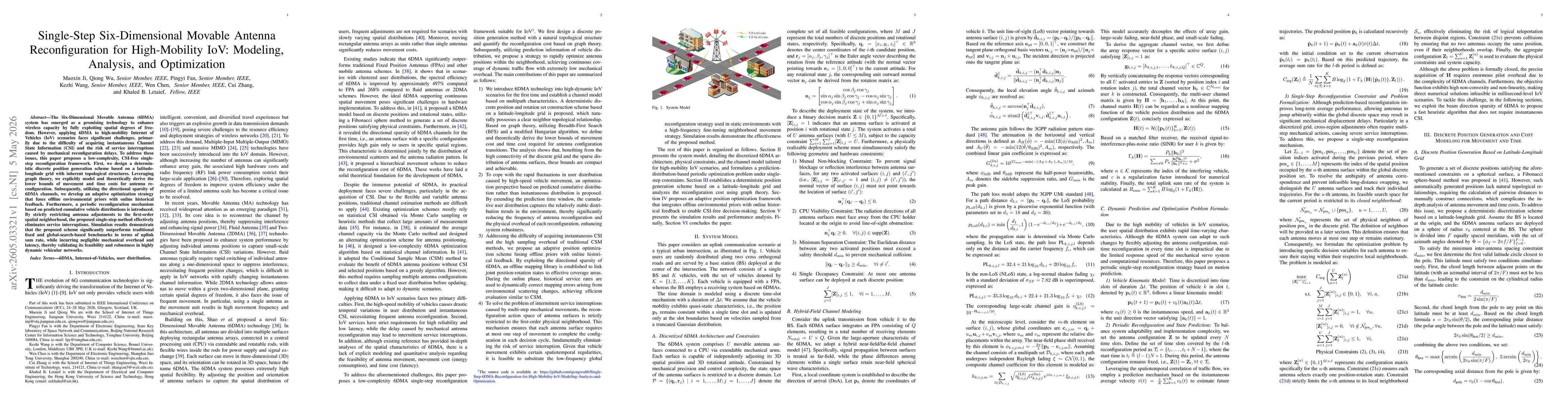 Thumbnail for Single-Step Six-Dimensional Movable Antenna Reconfiguration for High-Mobility IoV: Modeling, Analysis, and Optimization
