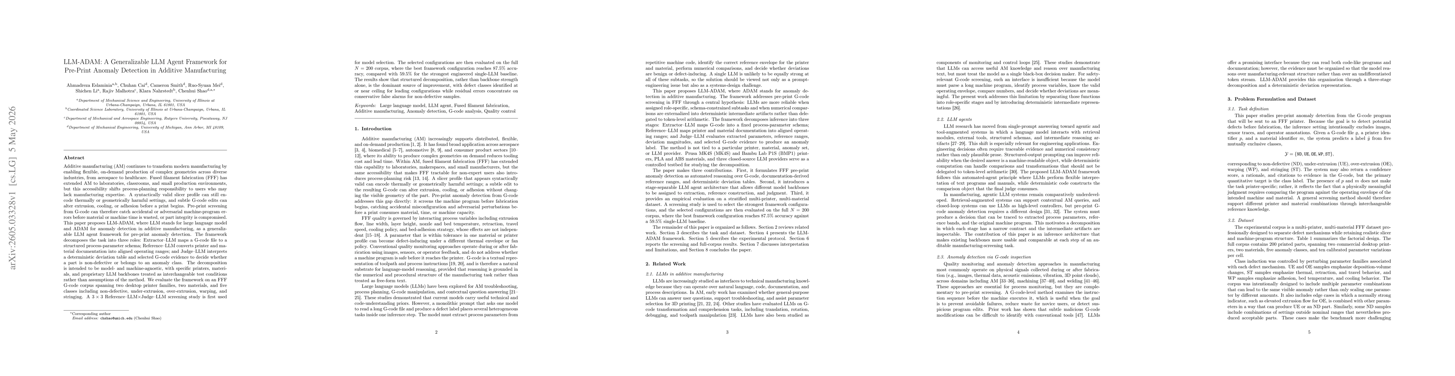Thumbnail for LLM-ADAM: A Generalizable LLM Agent Framework for Pre-Print Anomaly Detection in Additive Manufacturing