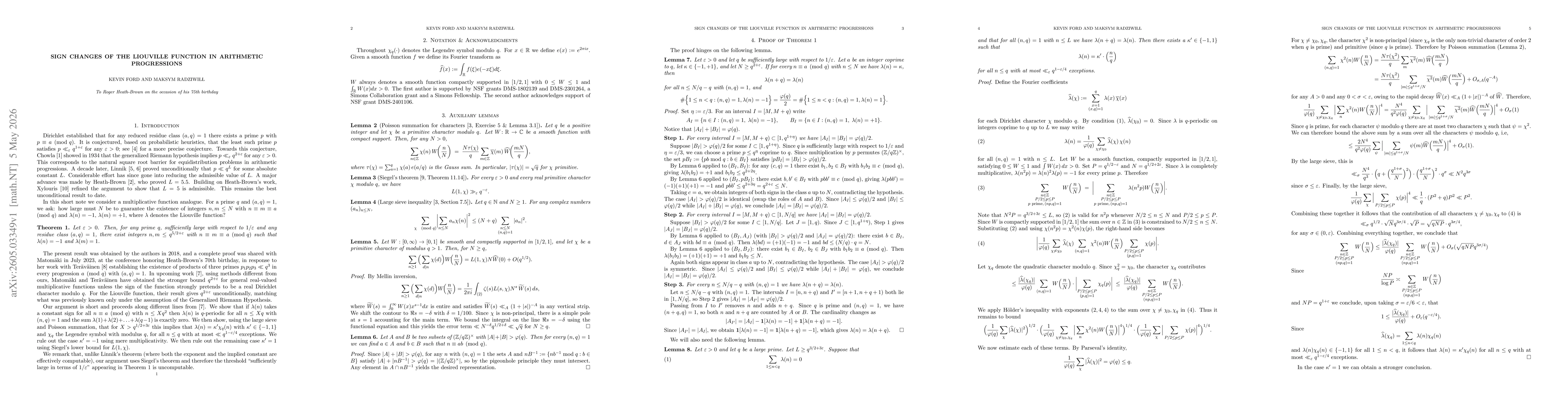 Thumbnail for Sign changes of the Liouville function in arithmetic progressions
